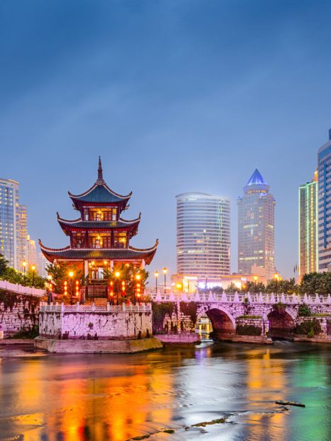 Guiyang, China skyline at Jiaxiu Pavilion on the Nanming River.